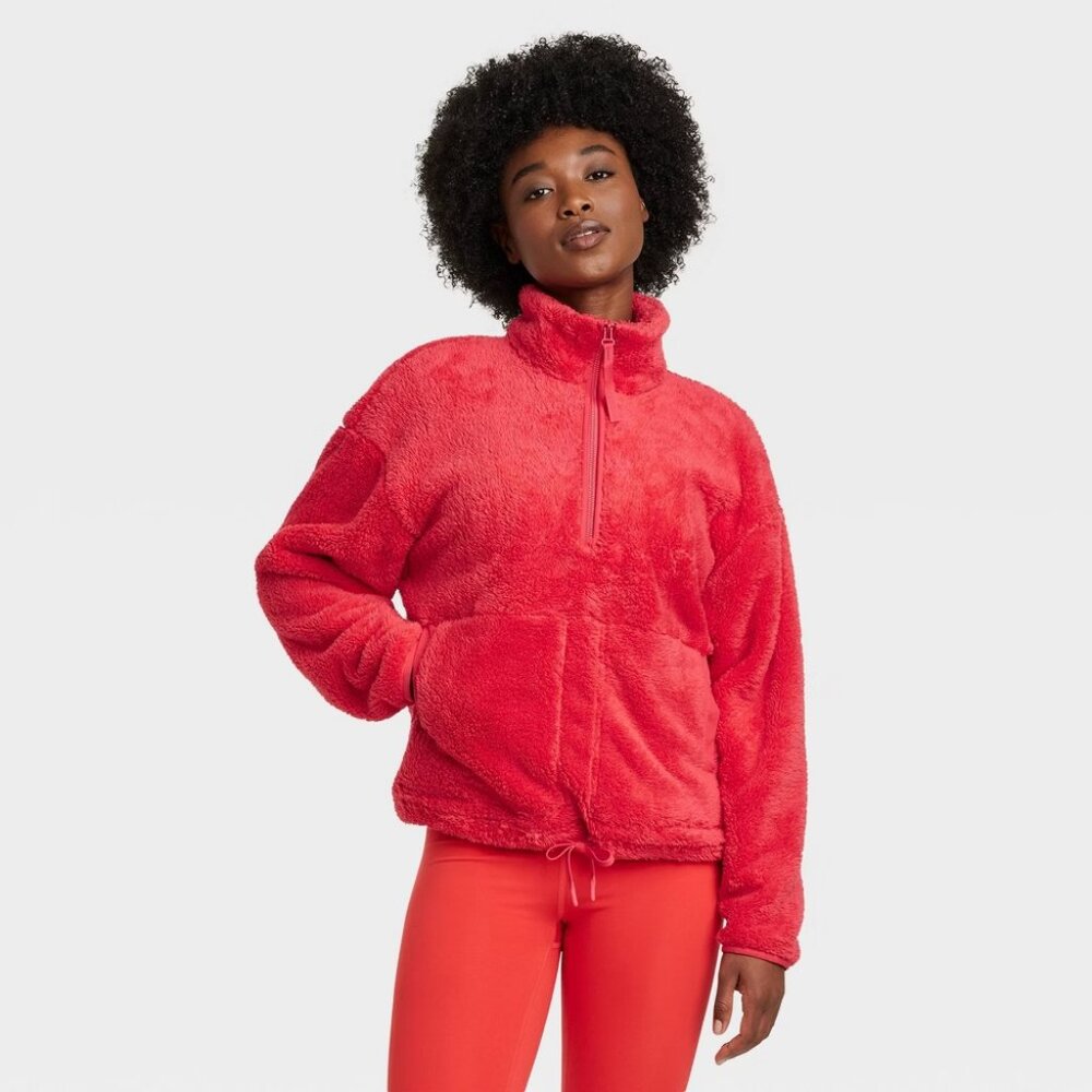 New! Women's High Pile Fleece 1/2 Zip Pull Over - All In Motion Coral Lava XS